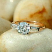 Lab Grown Diamond Three Stone Engagement Ring  Round Cut with Baguette Side Stones  Solid Gold Handmade Ring