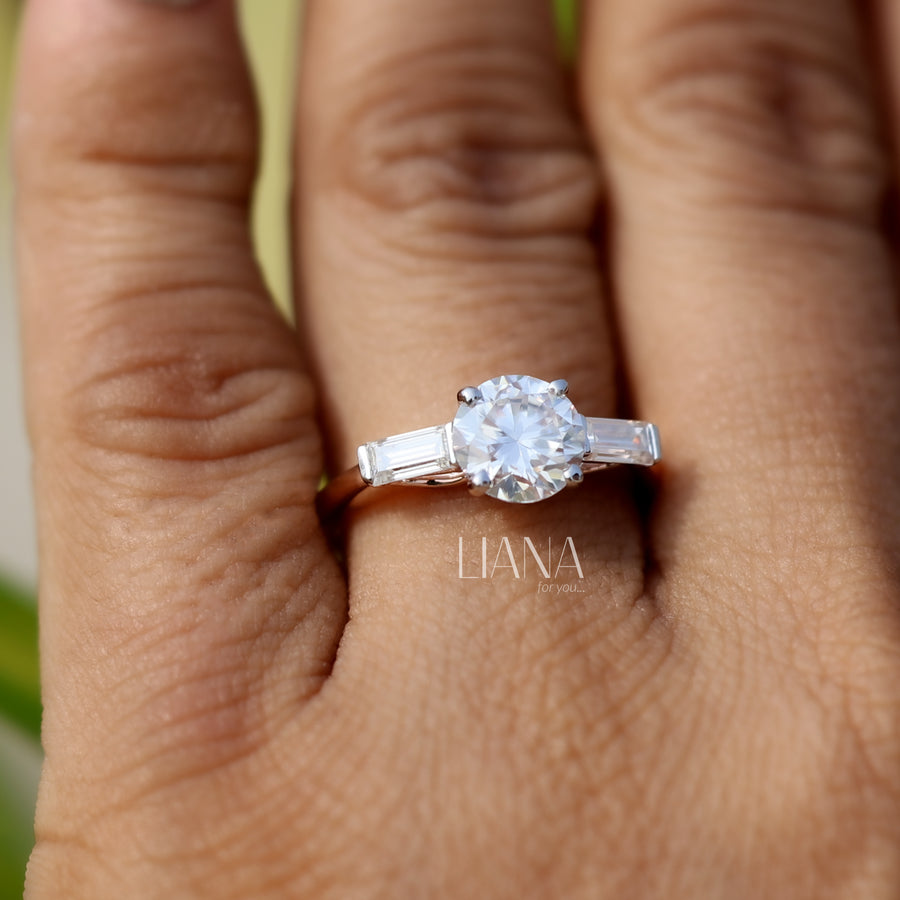 Lab Grown Diamond Three Stone Engagement Ring  Round Cut with Baguette Side Stones  Solid Gold Handmade Ring