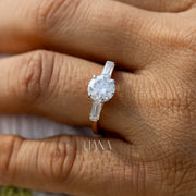Lab Grown Diamond Three Stone Engagement Ring  Round Cut with Baguette Side Stones  Solid Gold Handmade Ring