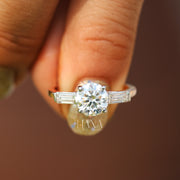 Lab Grown Diamond Three Stone Engagement Ring  Round Cut with Baguette Side Stones  Solid Gold Handmade Ring
