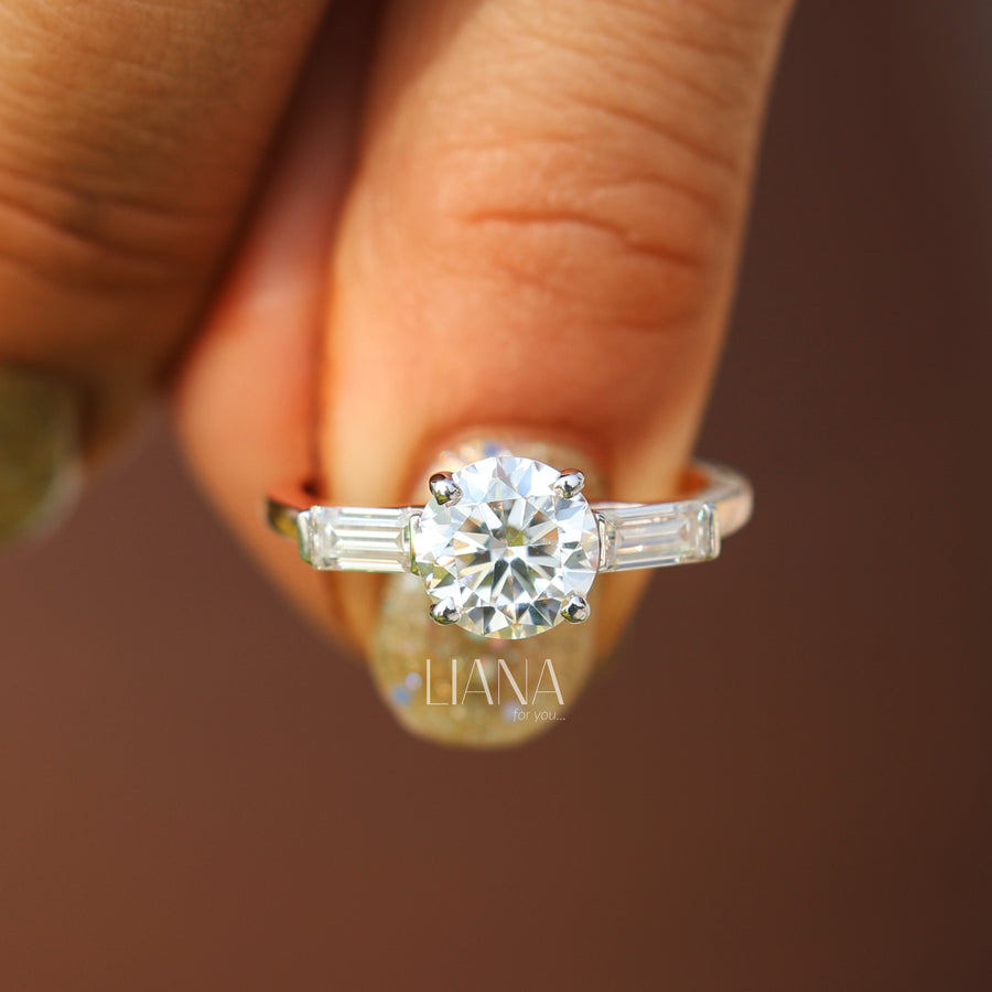 Lab Grown Diamond Three Stone Engagement Ring  Round Cut with Baguette Side Stones  Solid Gold Handmade Ring