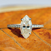 Antique Style Marquise Lab Grown Diamond Ring, Hidden Halo Engagement Ring, Pavé Diamond Wedding Ring, Anniversary Gift Ring for Women