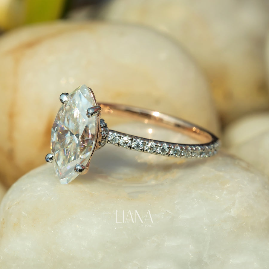 Antique Style Marquise Lab Grown Diamond Ring, Hidden Halo Engagement Ring, Pavé Diamond Wedding Ring, Anniversary Gift Ring for Women