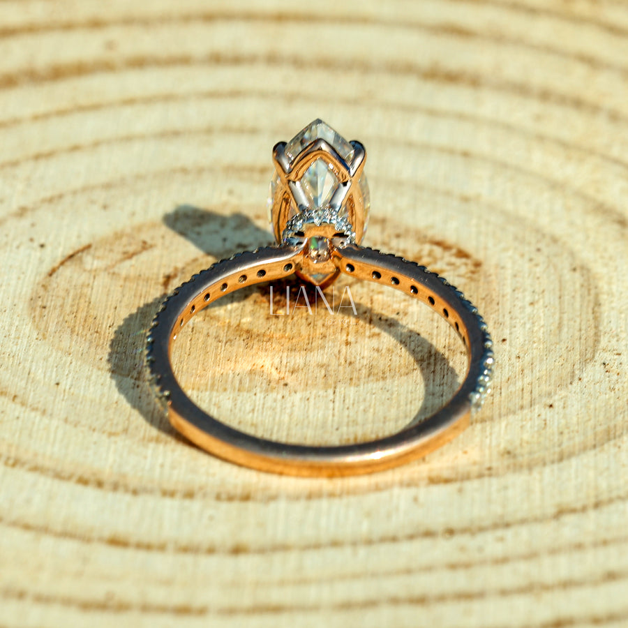 Antique Style Marquise Lab Grown Diamond Ring, Hidden Halo Engagement Ring, Pavé Diamond Wedding Ring, Anniversary Gift Ring for Women