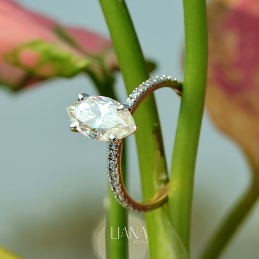 Antique Style Marquise Lab Grown Diamond Ring, Hidden Halo Engagement Ring, Pavé Diamond Wedding Ring, Anniversary Gift Ring for Women