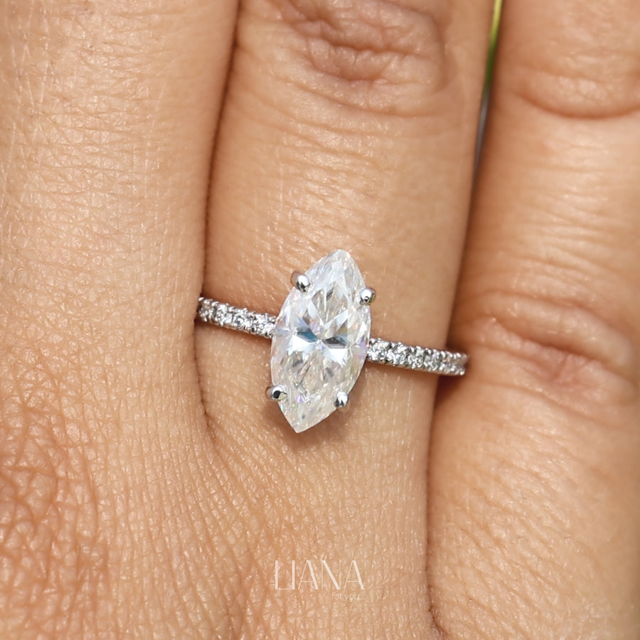Antique Style Marquise Lab Grown Diamond Ring, Hidden Halo Engagement Ring, Pavé Diamond Wedding Ring, Anniversary Gift Ring for Women