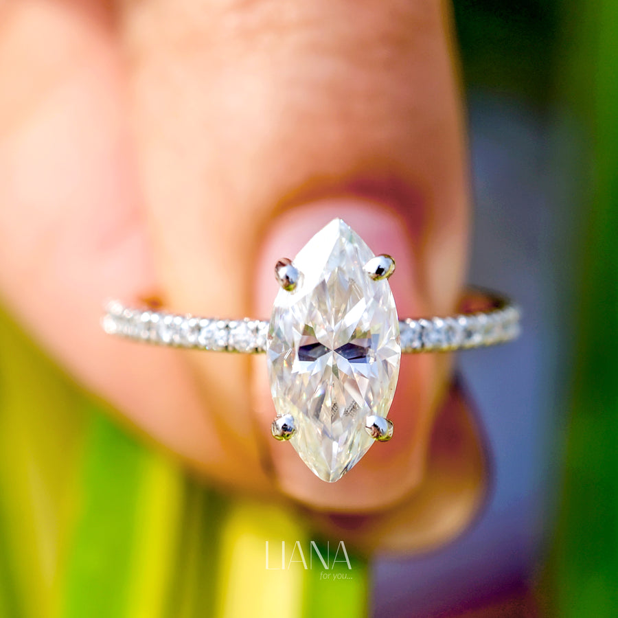 Antique Style Marquise Lab Grown Diamond Ring, Hidden Halo Engagement Ring, Pavé Diamond Wedding Ring, Anniversary Gift Ring for Women