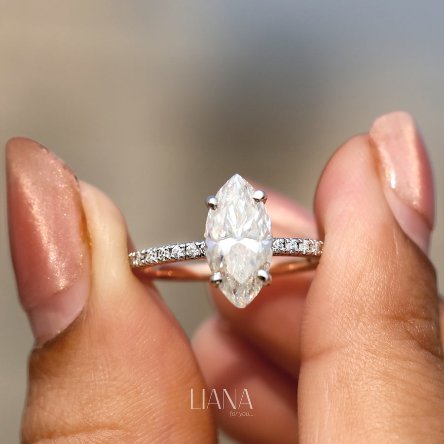 Antique Style Marquise Lab Grown Diamond Ring, Hidden Halo Engagement Ring, Pavé Diamond Wedding Ring, Anniversary Gift Ring for Women