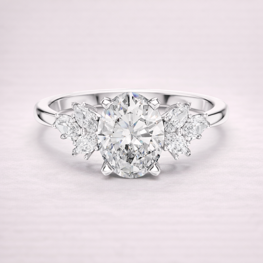 Oval Cut Lab Grown Diamond Ring 1.30 CT with Marquise Accents | Solid Gold Engagement Ring Liana Jewels