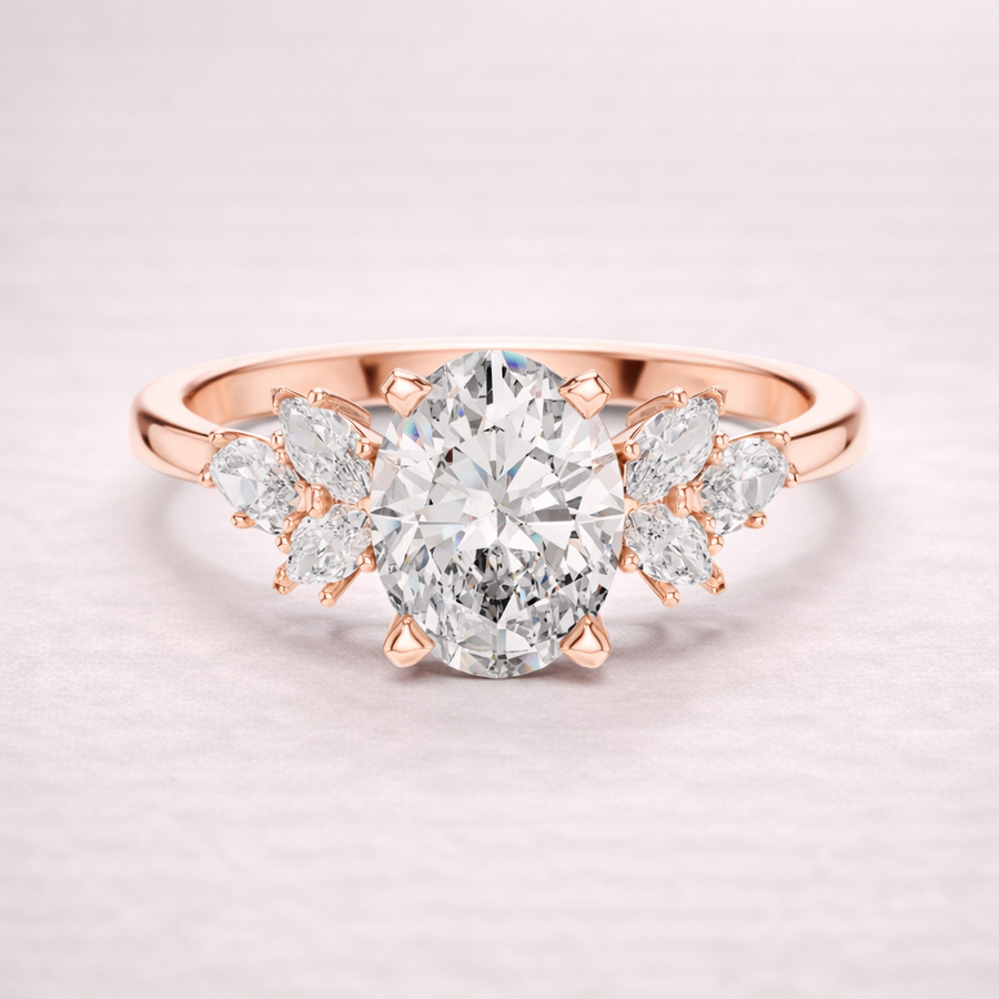 Oval Cut Lab Grown Diamond Ring 1.30 CT with Marquise Accents | Solid Gold Engagement Ring Liana Jewels