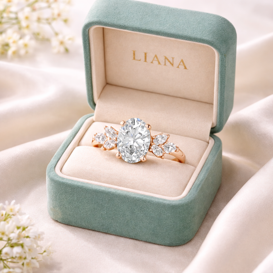 Oval Cut Lab Grown Diamond Ring 1.30 CT with Marquise Accents | Solid Gold Engagement Ring Liana Jewels