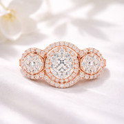 Classic Lab-Grown Diamond Halo Three-Stone Ring in Solid Gold – 1.088 CT TW, IGI Certified