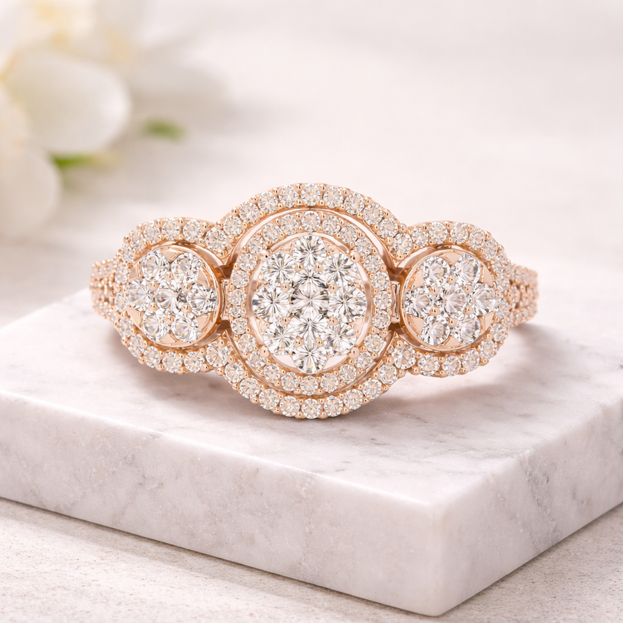 Classic Lab-Grown Diamond Halo Three-Stone Ring in Solid Gold – 1.088 CT TW, IGI Certified