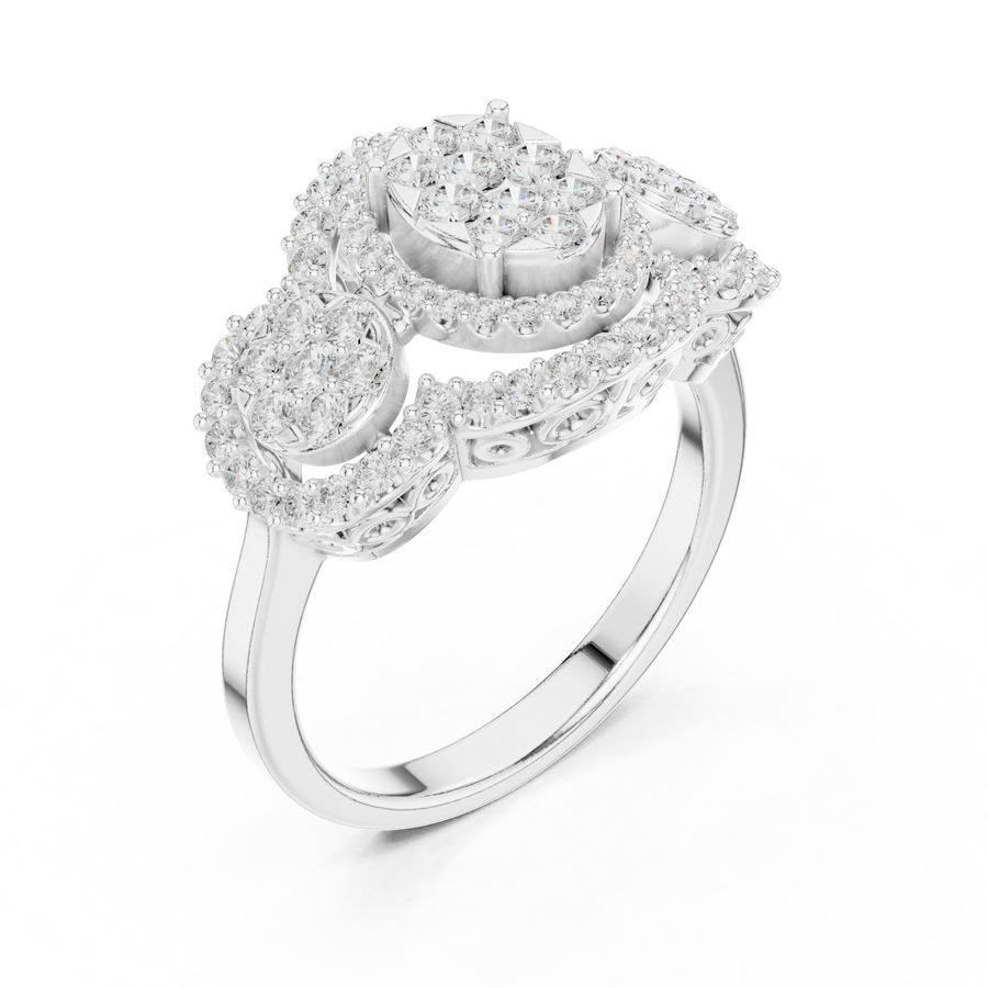 Classic Lab-Grown Diamond Halo Three-Stone Ring in Solid Gold – 1.088 CT TW, IGI Certified