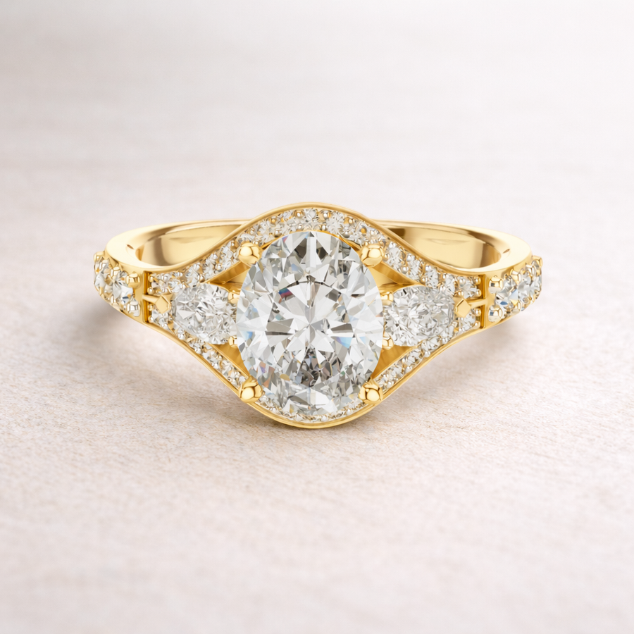 1.99 CT Oval Lab Grown Diamond Ring with Pear & Round Side Stones | Engagement Ring Liana Jewels