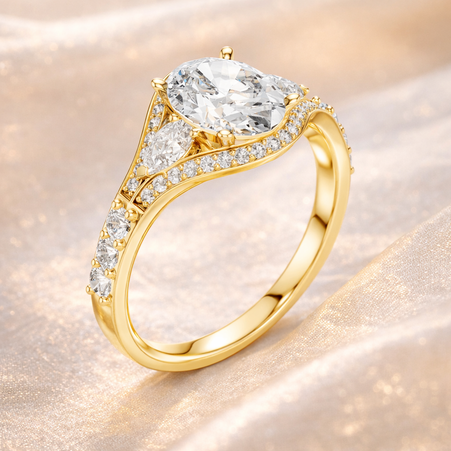 1.99 CT Oval Lab Grown Diamond Ring with Pear & Round Side Stones | Engagement Ring Liana Jewels