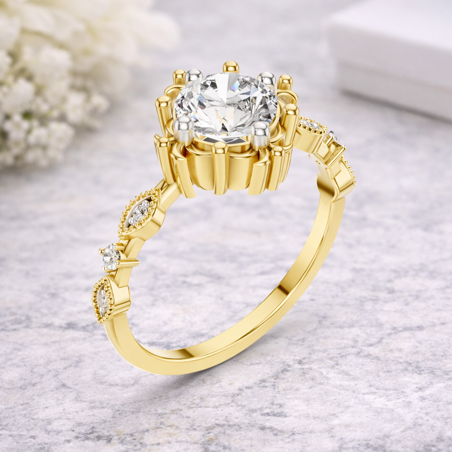 Round Lab Grown Diamond Floral Engagement Ring – 1.04 CT | IGI Certified Liana Jewels