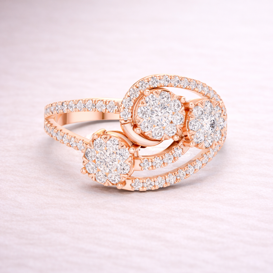 0.66 CT | IGI Certified Round Lab Grown Diamond Engagement Crossover Ring with Triple Cluster Liana Jewels