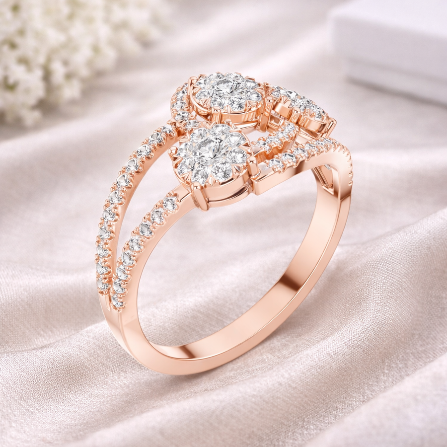 0.66 CT | IGI Certified Round Lab Grown Diamond Engagement Crossover Ring with Triple Cluster Liana Jewels