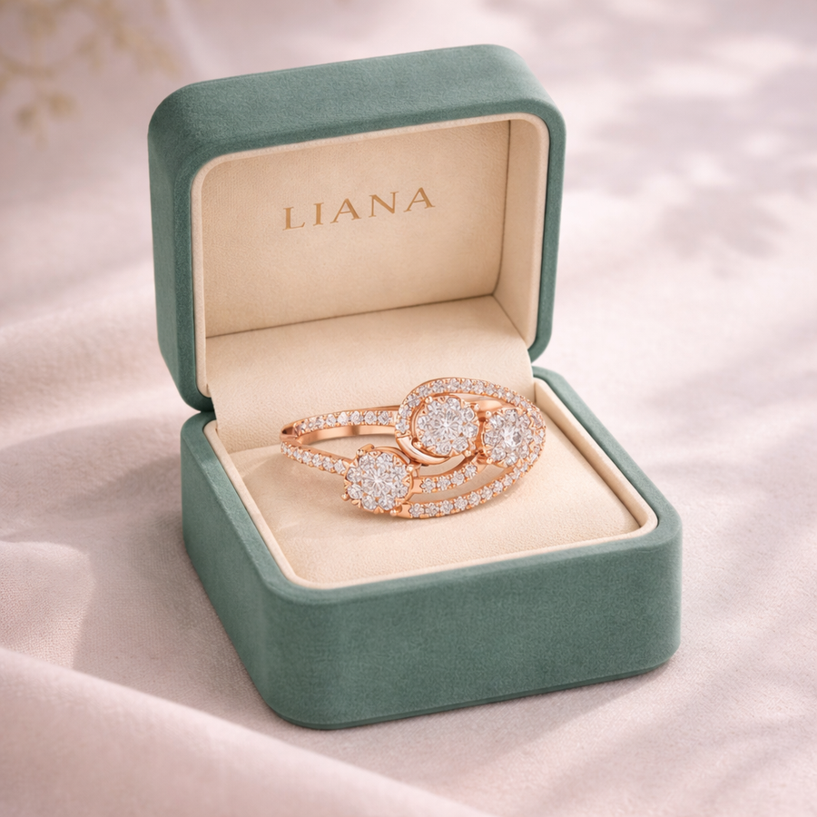 0.66 CT | IGI Certified Round Lab Grown Diamond Engagement Crossover Ring with Triple Cluster Liana Jewels