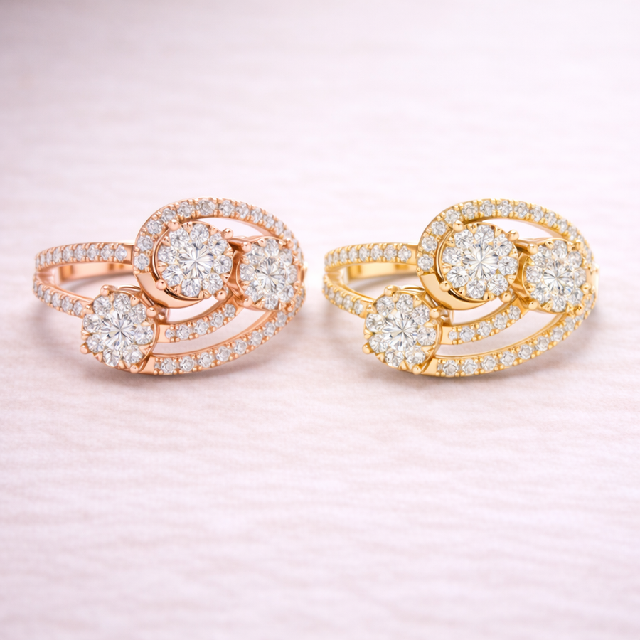 0.66 CT | IGI Certified Round Lab Grown Diamond Engagement Crossover Ring with Triple Cluster Liana Jewels