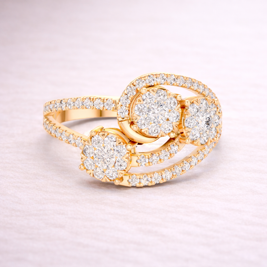 0.66 CT | IGI Certified Round Lab Grown Diamond Engagement Crossover Ring with Triple Cluster Liana Jewels