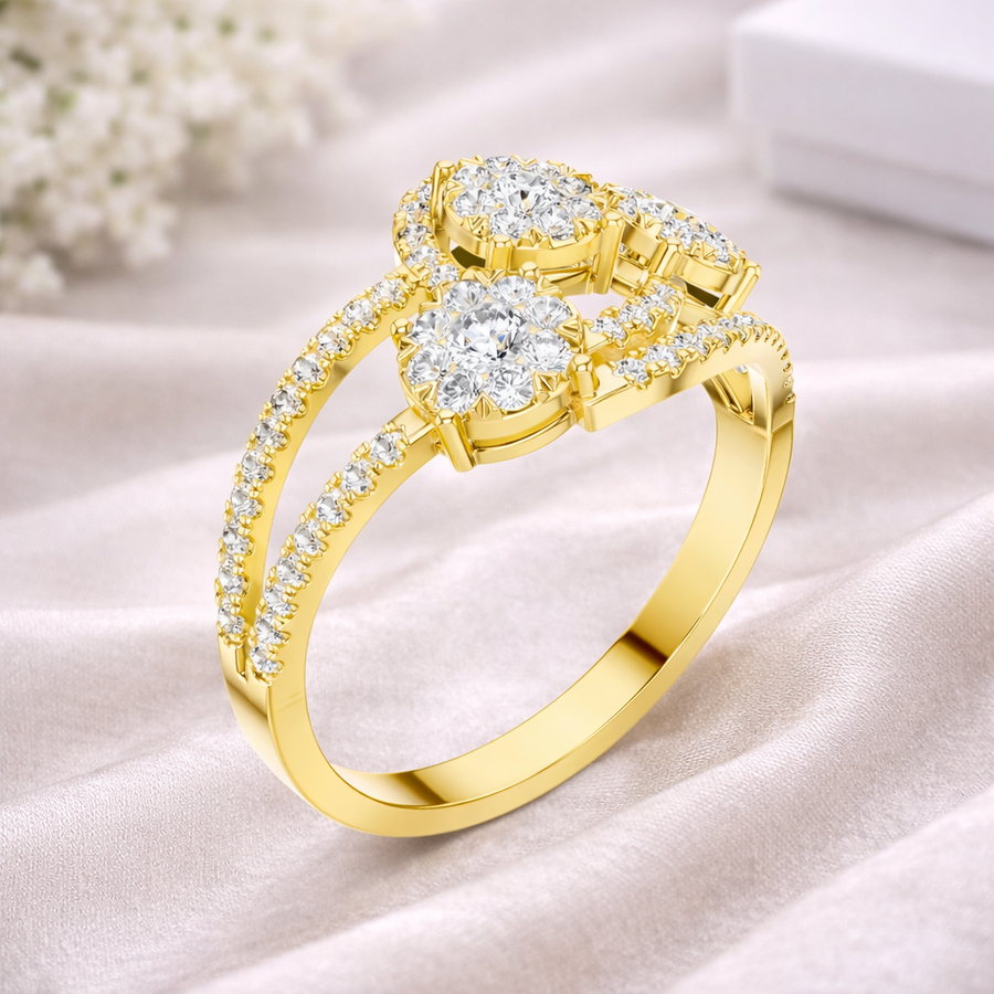 0.66 CT | IGI Certified Round Lab Grown Diamond Engagement Crossover Ring with Triple Cluster Liana Jewels