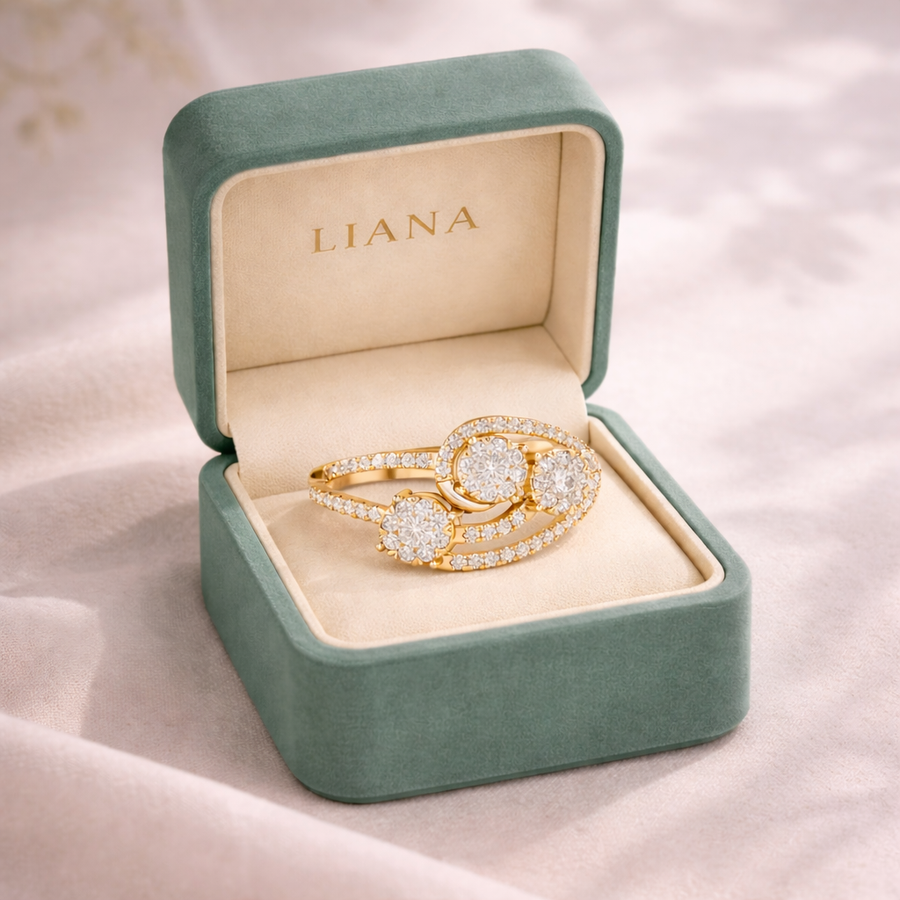 0.66 CT | IGI Certified Round Lab Grown Diamond Engagement Crossover Ring with Triple Cluster Liana Jewels