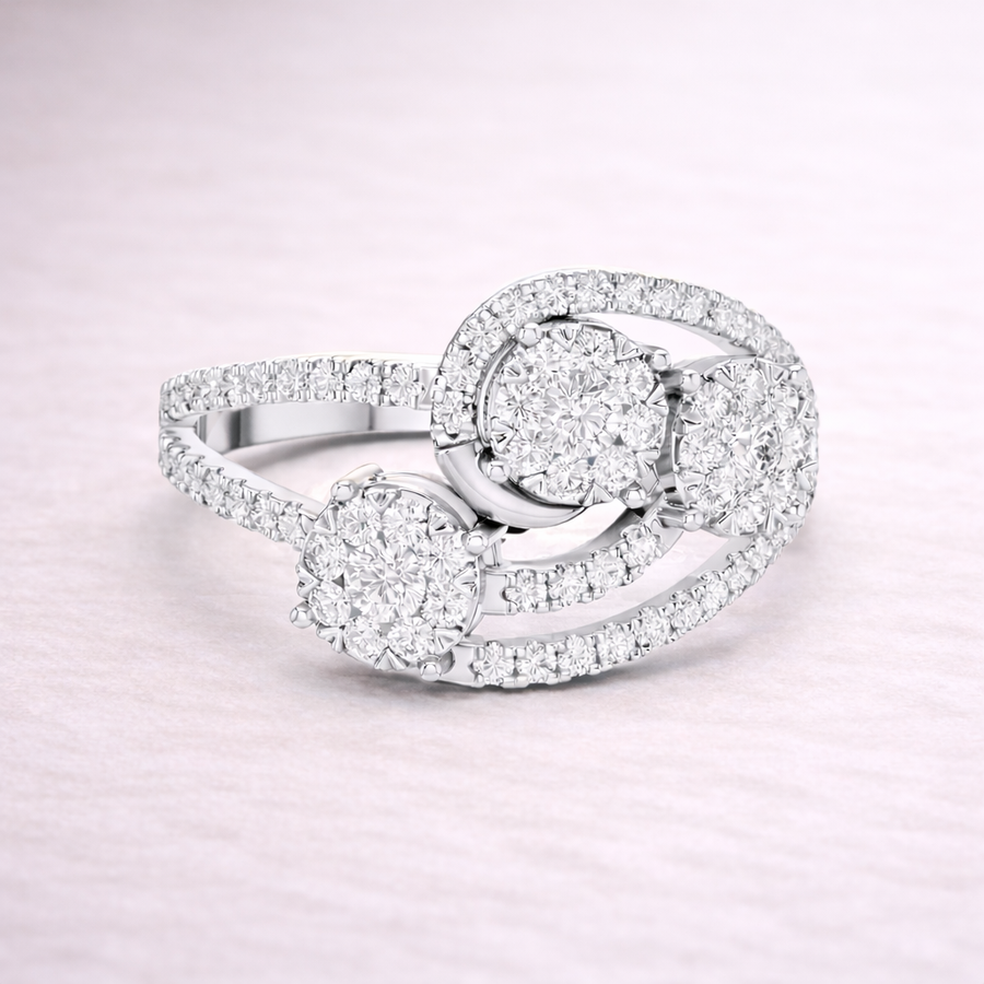 0.66 CT | IGI Certified Round Lab Grown Diamond Engagement Crossover Ring with Triple Cluster Liana Jewels