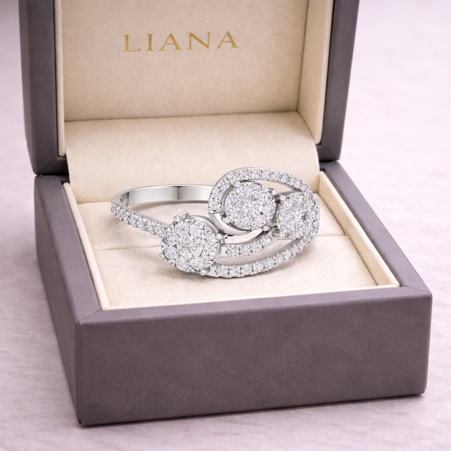 0.66 CT | IGI Certified Round Lab Grown Diamond Engagement Crossover Ring with Triple Cluster Liana Jewels