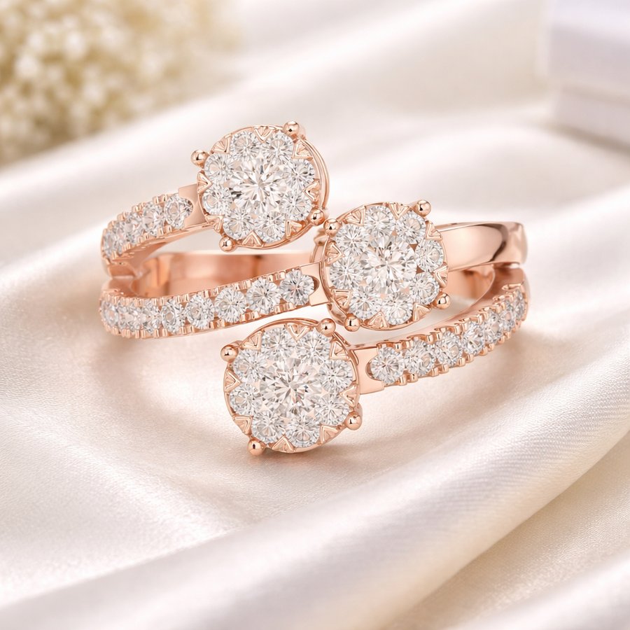 0.64 CT | IGI Certified Round Lab Grown Diamond Engagement Crossover Ring with Triple Clusters Liana Jewels