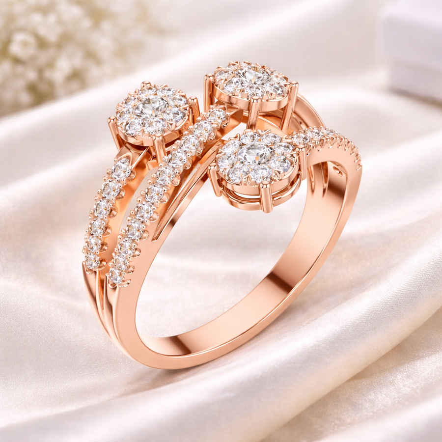 0.64 CT | IGI Certified Round Lab Grown Diamond Engagement Crossover Ring with Triple Clusters Liana Jewels