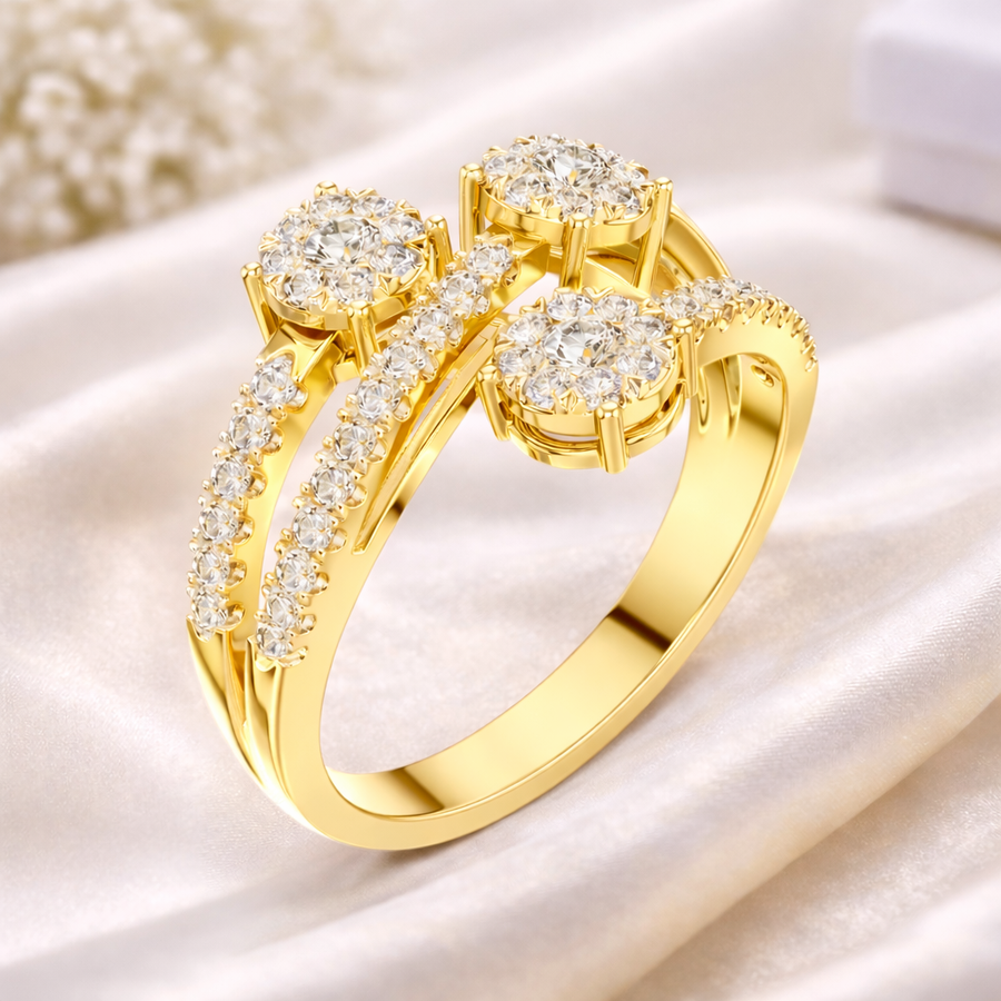 0.64 CT | IGI Certified Round Lab Grown Diamond Engagement Crossover Ring with Triple Clusters Liana Jewels