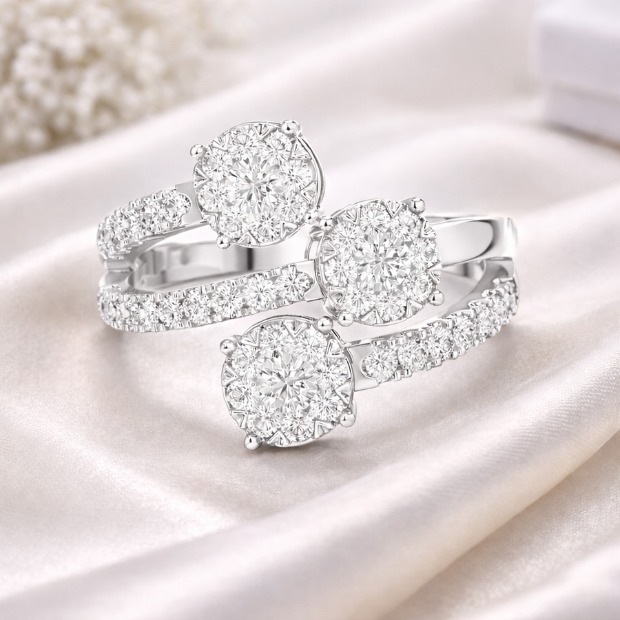 0.64 CT | IGI Certified Round Lab Grown Diamond Engagement Crossover Ring with Triple Clusters Liana Jewels