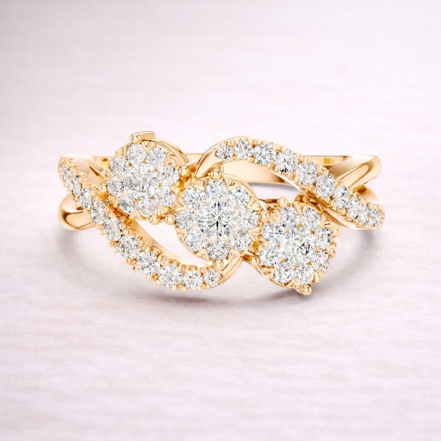 0.63 CT | IGI Certified Round Lab Grown Diamond Engagement Crossover Ring with Triple Clusters Liana Jewels