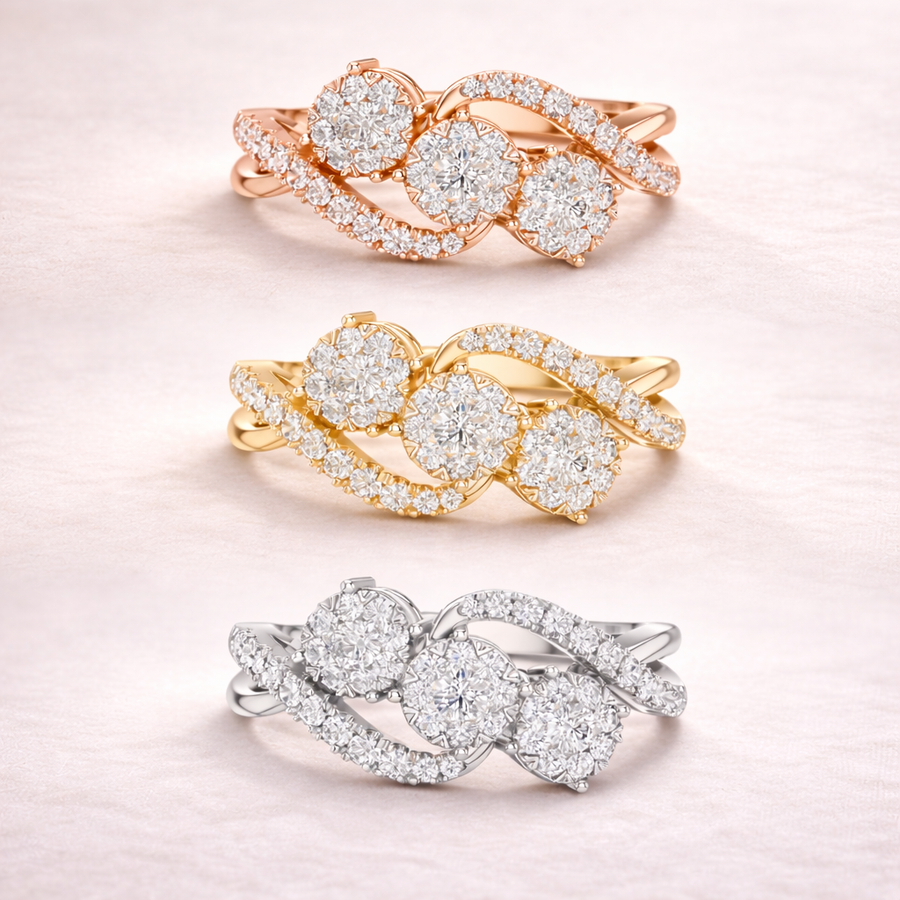 0.63 CT | IGI Certified Round Lab Grown Diamond Engagement Crossover Ring with Triple Clusters Liana Jewels