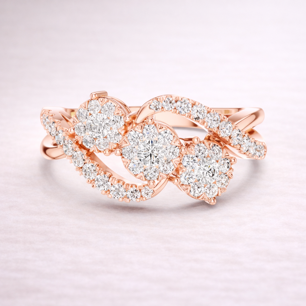 0.63 CT | IGI Certified Round Lab Grown Diamond Engagement Crossover Ring with Triple Clusters Liana Jewels