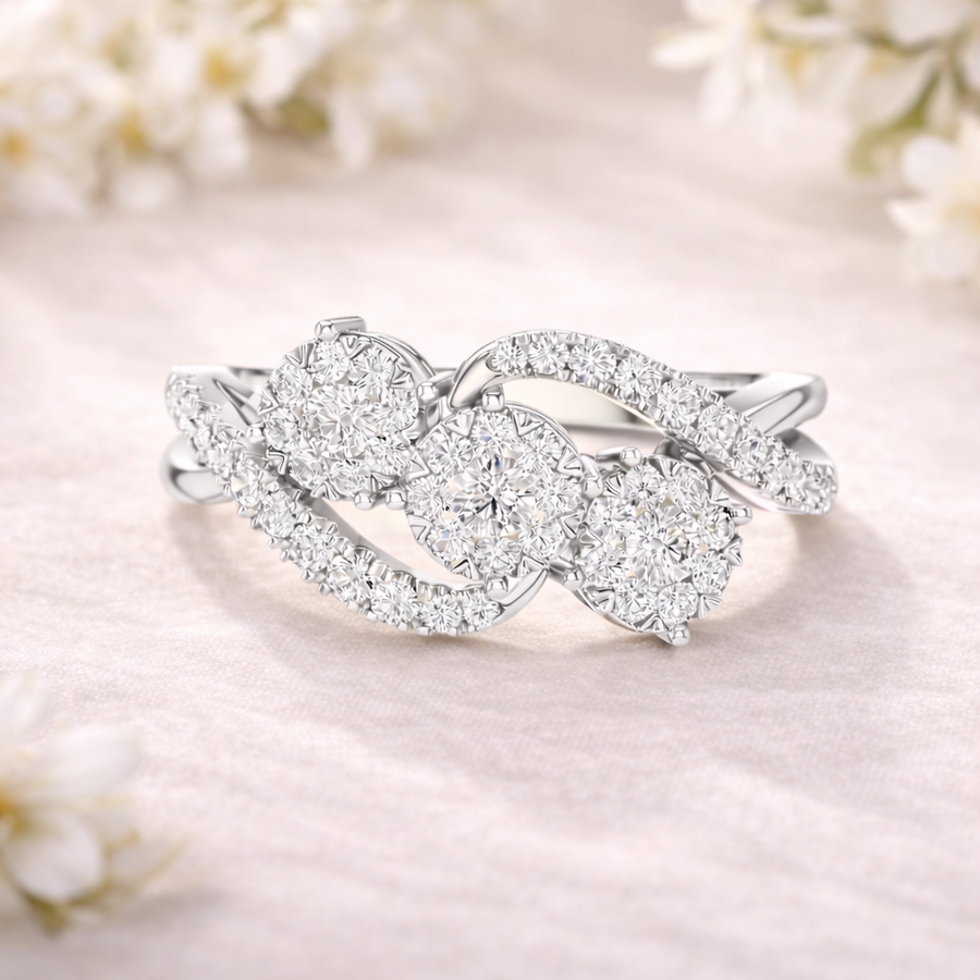 0.63 CT | IGI Certified Round Lab Grown Diamond Engagement Crossover Ring with Triple Clusters Liana Jewels