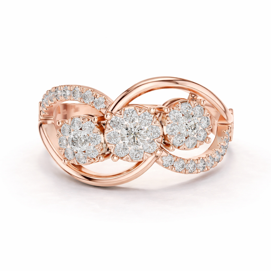 0.58 CT | IGI Certified Round Lab Grown Diamond Engagement Crossover Ring with Triple Clusters Liana Jewels