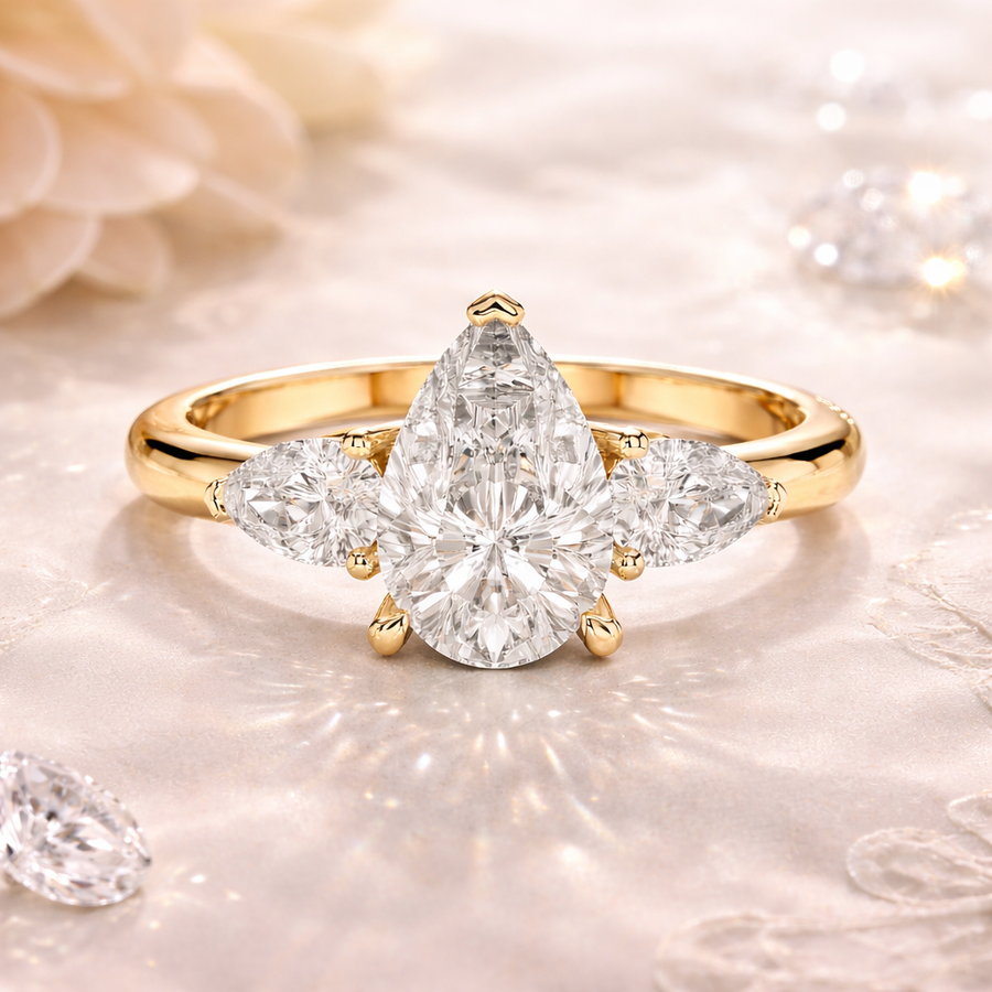 1.53 CT Pear Cut Lab Grown Diamond Three-Stone Engagement Ring in Rose Gold – IGI Certified Liana Jewels
