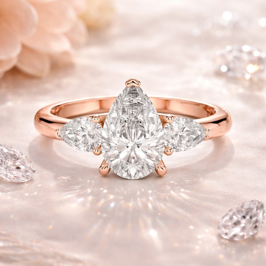 1.53 CT Pear Cut Lab Grown Diamond Three-Stone Engagement Ring in Rose Gold – IGI Certified Liana Jewels
