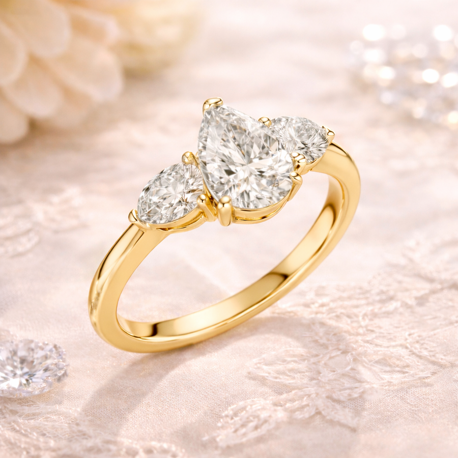 1.53 CT Pear Cut Lab Grown Diamond Three-Stone Engagement Ring in Rose Gold – IGI Certified Liana Jewels
