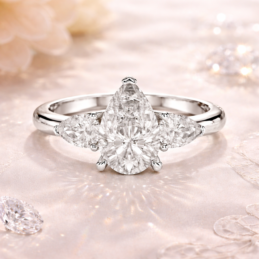 1.53 CT Pear Cut Lab Grown Diamond Three-Stone Engagement Ring in Rose Gold – IGI Certified Liana Jewels