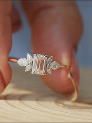 Emerald Cut Lab Grown Diamond Engagement Ring with Marquise Side Stones in 14K Gold Floral Style Bridal Ring Handmade