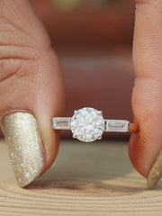 Lab Grown Diamond Three Stone Engagement Ring  Round Cut with Baguette Side Stones  Solid Gold Handmade Ring
