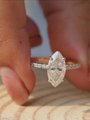 Antique Style Marquise Lab Grown Diamond Ring, Hidden Halo Engagement Ring, Pavé Diamond Wedding Ring, Anniversary Gift Ring for Women