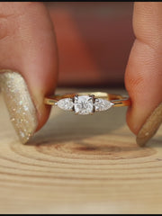 Cushion Diamond Engagement Ring Trilogy Diamond Ring for Her Side Pear Diamond Ring Real Lab Grown Diamond Ring Hammer Finish