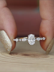 Oval cut lab grown diamond engagement ring Solid yellow gold ring Half eternity marquise cut diamond bridal ring Wedding promise Anniversary gift