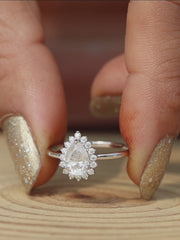 Pear Cut Lab Grown Diamond Halo Engagement Ring 0.91 CTW Solid Gold Handmade Ring Proposal Ring Anniversary Ring
